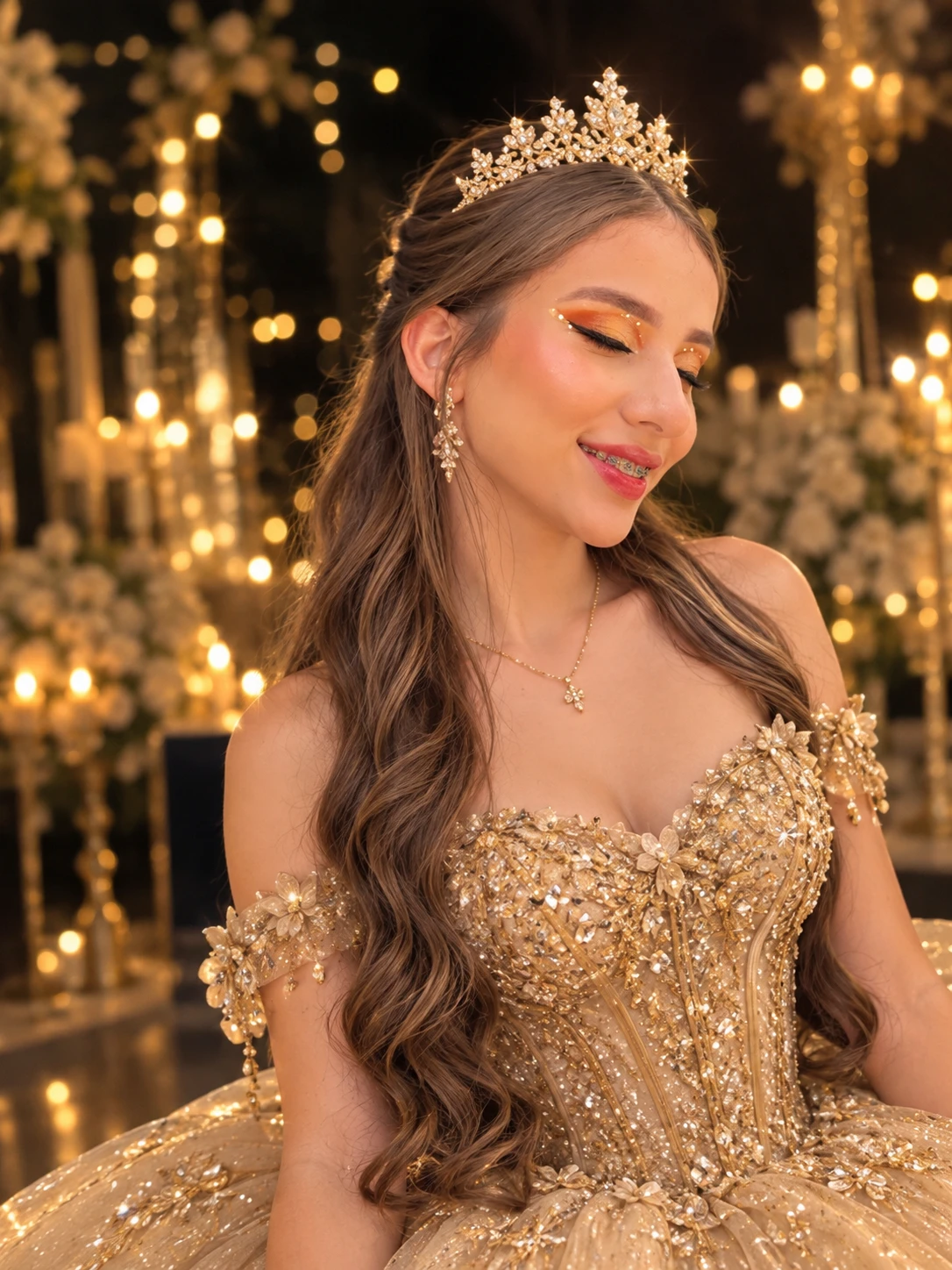 La quinceañera con su vestido dorado y tiara